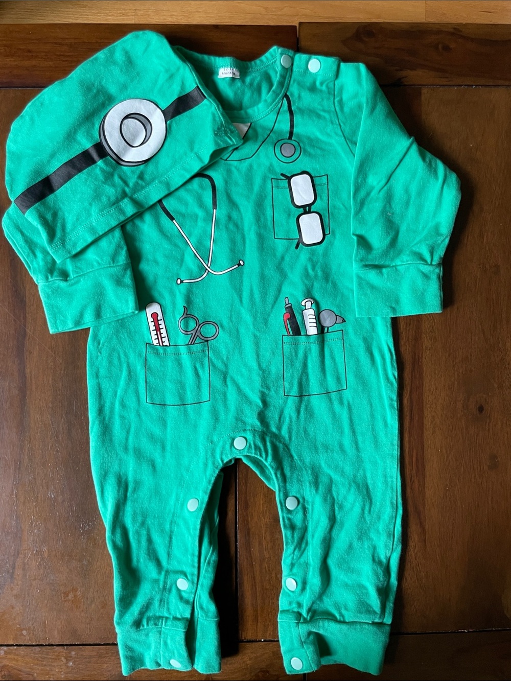 Doctor Baby Costume 2-Piece Set Long Sleeve Cotton Romper Hat Green Sz 12-18m‎
